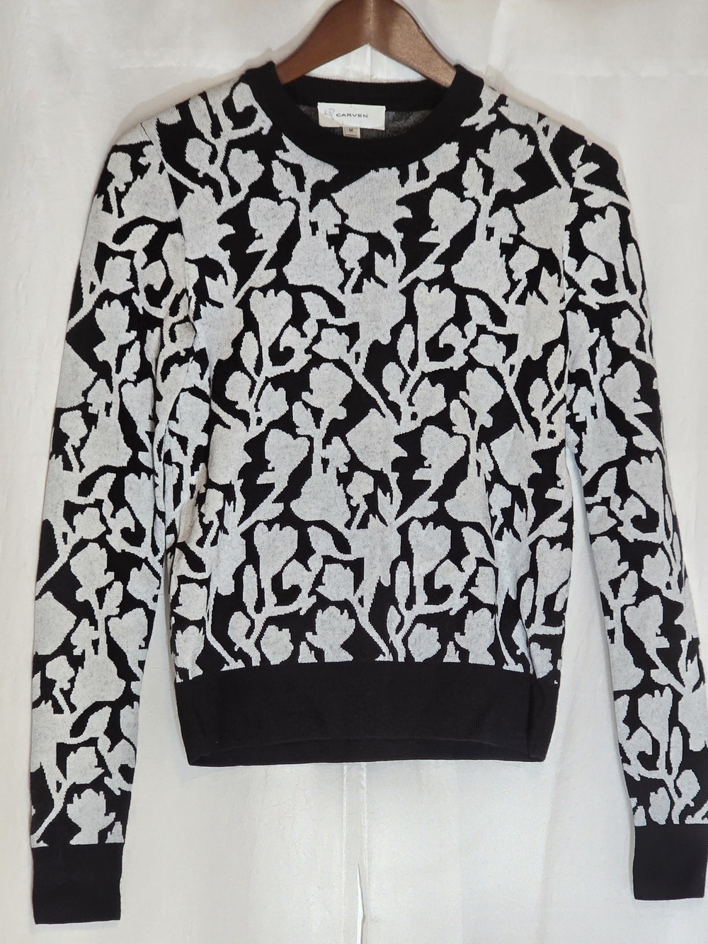 Carven NWOT Black And White Floral Jacquard Knit Crewneck Sweater, Medium